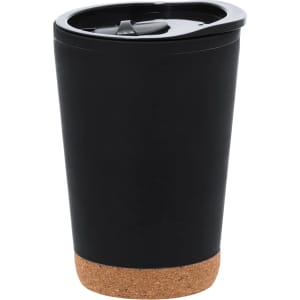 A drink bottle featuring a black body and a cork base, complete with a lid and sipping slot.