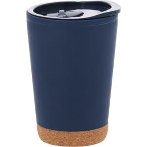 A drink bottle with a dark blue body and a cork base, featuring a secure lid. It has a logo on the side.