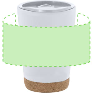 A drink bottle featuring a white body with a cork base and a lid, showcasing a logo on the side.