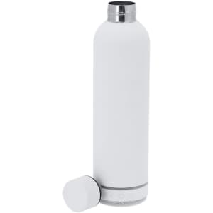 A drink bottle in white featuring an insulated design and built-in speaker at the base. It has a stainless steel top.