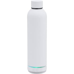 A drink bottle with a sleek white design, featuring a built-in speaker at the base and a logo.