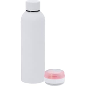 A drink bottle in white with a matching insulated speaker in pink and grey. Both items have a sleek, modern design.
