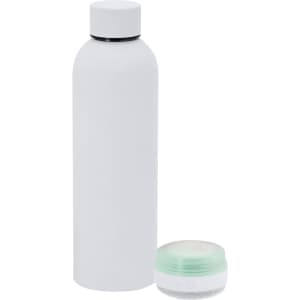 A drink bottle in white with a screw top, accompanied by a small white and green container. Features a logo.
