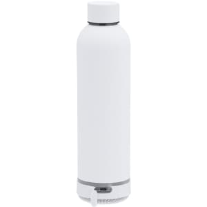 A drink bottle in white featuring an insulated body and a built-in speaker at the base. It has a simple design and a logo.