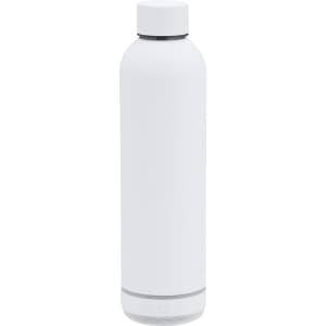 A drink bottle in white with a silver base, featuring a logo at the bottom and an insulated design.