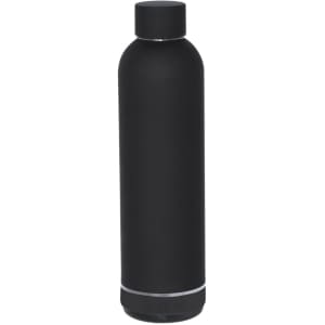 A drink bottle in sleek black with a smooth finish and a speaker base, featuring a logo at the bottom.