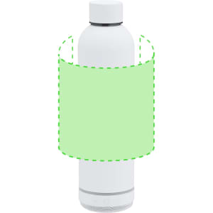 A drink bottle in white with a stainless steel base and a logo, featuring an insulated design.
