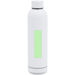 A drink bottle with a white body, silver accents, and a green label area for branding. It features a built-in speaker.