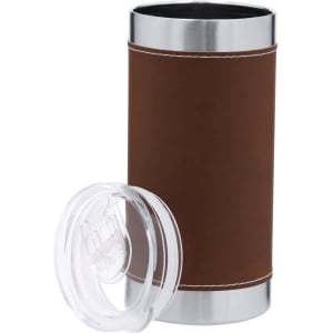 A drink bottle with a brown exterior and silver accents, featuring a clear lid and a logo.