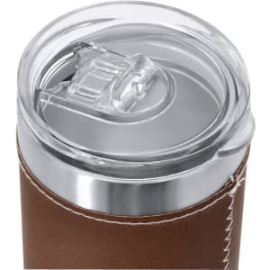 A drink bottle with a brown insulated exterior and a clear, spill-proof lid featuring a silver rim.