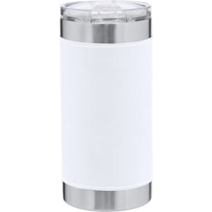 An insulated travel mug in white with a stainless steel base and a clear lid. Features a logo on the design.