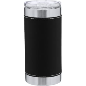A travel mug featuring a black insulated design with a stainless steel base and a clear lid. It has a logo.