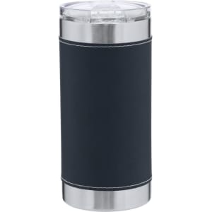 A drink bottle with a navy blue exterior and stainless steel bottom, featuring a clear lid and a logo.
