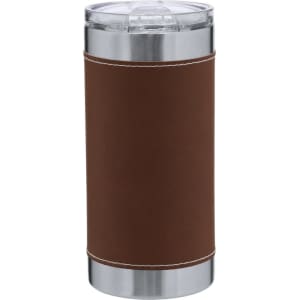 A drink bottle with a stainless steel base and a brown leatherette sleeve, featuring a transparent lid.