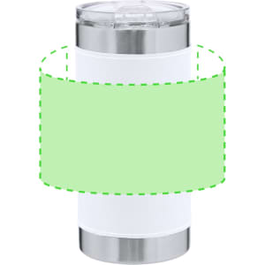 An insulated travel mug with a silver base and a white body, featuring a transparent lid. It has a logo.