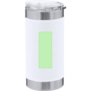 A travel mug with a stainless steel base and a white insulated body, featuring a clear lid and a logo.