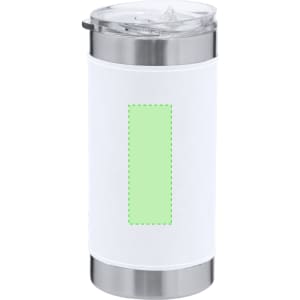 A drink bottle featuring a stainless steel base, a clear lid, and a white insulation sleeve.