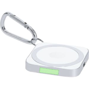 A wireless charger in white and silver, featuring a carabiner clip for easy attachment. It has a logo on its surface.
