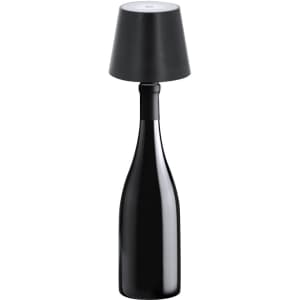 A black lamp designed to resemble a wine bottle, featuring a cone-shaped lampshade on top.