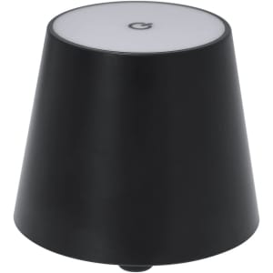 A black lamp with a conical shape and a white top, featuring a logo on the surface.