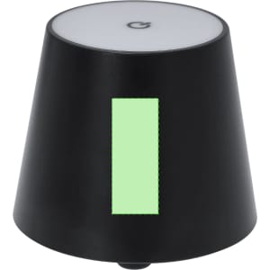 A black lamp with a conical shape and a glowing green rectangular accent. It features a white top and a logo.