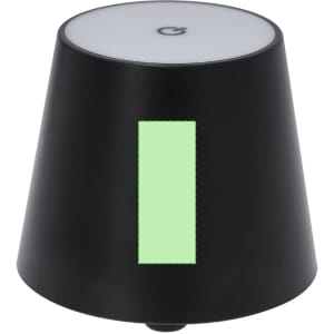 A black lamp with a conical shape, featuring a green illuminated vertical strip and a white top. It has a logo on its surface.