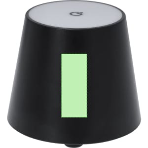 A black lamp with a smooth, round top and a glowing green rectangular design on the side. It features a logo.