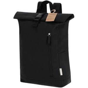 A black backpack with a roll-top design, featuring a front zip pocket and a logo.