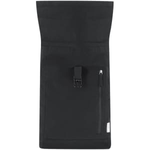 A black Antrim Backpack featuring a top roll closure, side zip pocket, and a logo.
