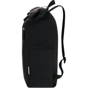 A black Antrim Backpack with adjustable straps and a zippered pocket, featuring a logo on the side.