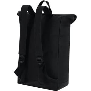 A black backpack with adjustable straps and a minimalist design, featuring a logo on the front.