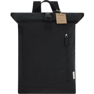 A black Antrim Backpack featuring a roll-top design, a front zip pocket, and a logo tag.