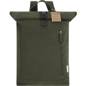 An olive green Antrim backpack with a roll-top design and a front zip pocket, featuring a logo.