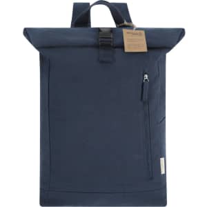 A navy blue backpack with a top roll and a front zip pocket, featuring a tag and a logo.