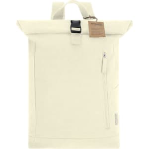A cream-coloured backpack with a roll-top closure, a front zippered pocket, and a branded tag.