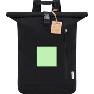 A black backpack with a roll-top design, featuring a front zip pocket and a tag. Includes a blank green square section.