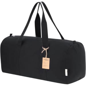 A black tote bag with dual handles and a hang tag, featuring a rounded design and minimalist style.
