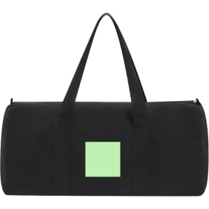 A black tote bag with a green square logo on the front and sturdy handles for easy carrying.
