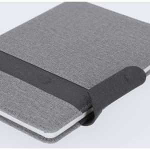 A grey notepad with a textured cover and an elastic band closure. Features a logo on the cover.