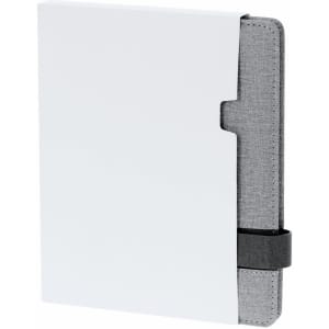 A notepad with a grey fabric cover and a white hard outer shell, featuring a black elastic band.