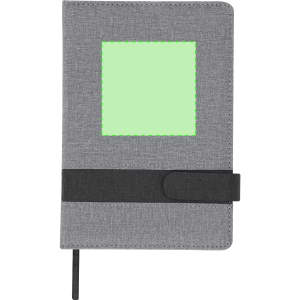 A grey notepad with a green square and a black elastic band. It features a logo on the front.
