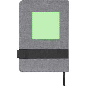 A grey notepad with a black elastic band, featuring a blank green square on the cover and branding.