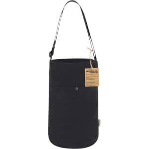 A black Harkal bag with a shoulder strap, featuring a front pocket and a tag for recycling information.
