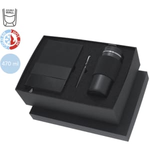 A drink bottle and notebook set in a sleek black box, featuring a 470 ml thermos, pen, and organiser.