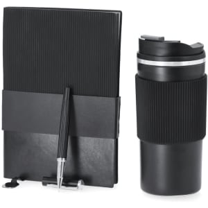 A drink bottle and a notebook with a pen, both in black, featuring a logo on the thermos.