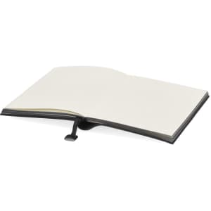An open notebook with blank pages, featuring a black cover and a page marker. It has a sleek, minimalist design.