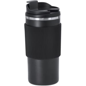 A drink bottle in black with a ribbed silicone grip and a stainless steel lid, featuring a logo.
