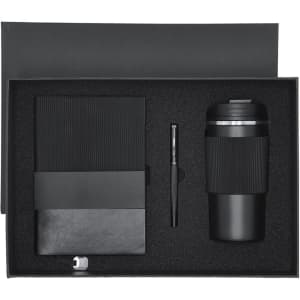 A drink bottle, notebook, and pen set presented in a black gift box with a textured design.