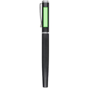 A pen with a sleek black design and a green accent, featuring a silver clip and ribbed grip.
