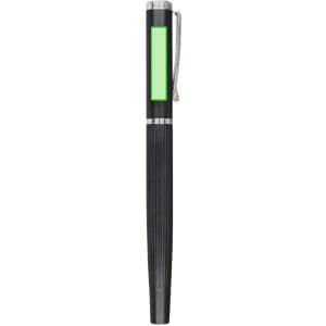 A black pen with a textured grip and a green section for branding or personalisation. It features a clip on top.